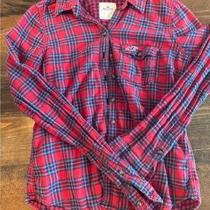Hollister Red Plaid Button-Down Shirt with Blue Accents